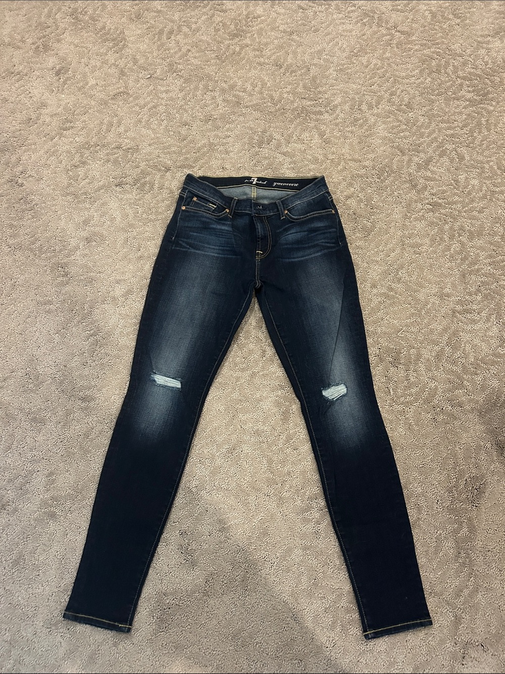 7 For All Mankind Gwenevere Dark Blue Skinny Jeans with Knee Rips